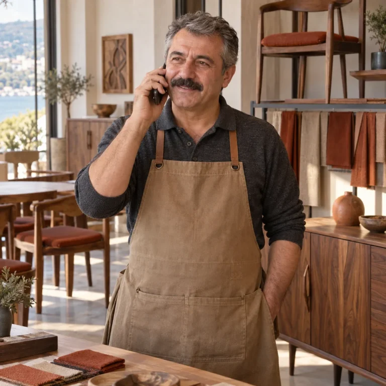 Mobilya mağazasında telefonla görüşen işletmeci — yapay zekâ ile oluşturulmuş temsili görsel